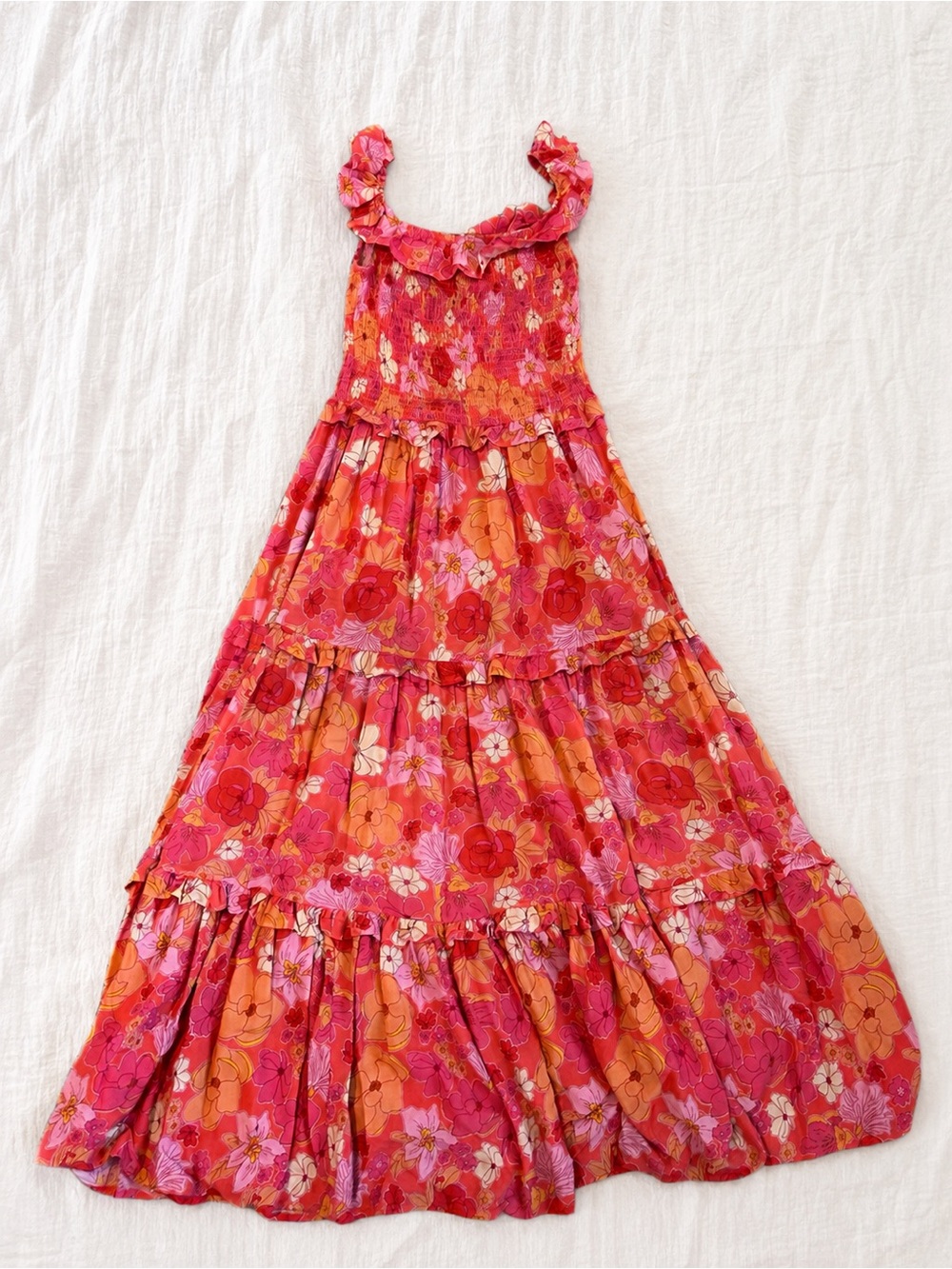 Abel The Label Floral Smocked Maxi Dress Size M Pink Orange Boho Cottagecore